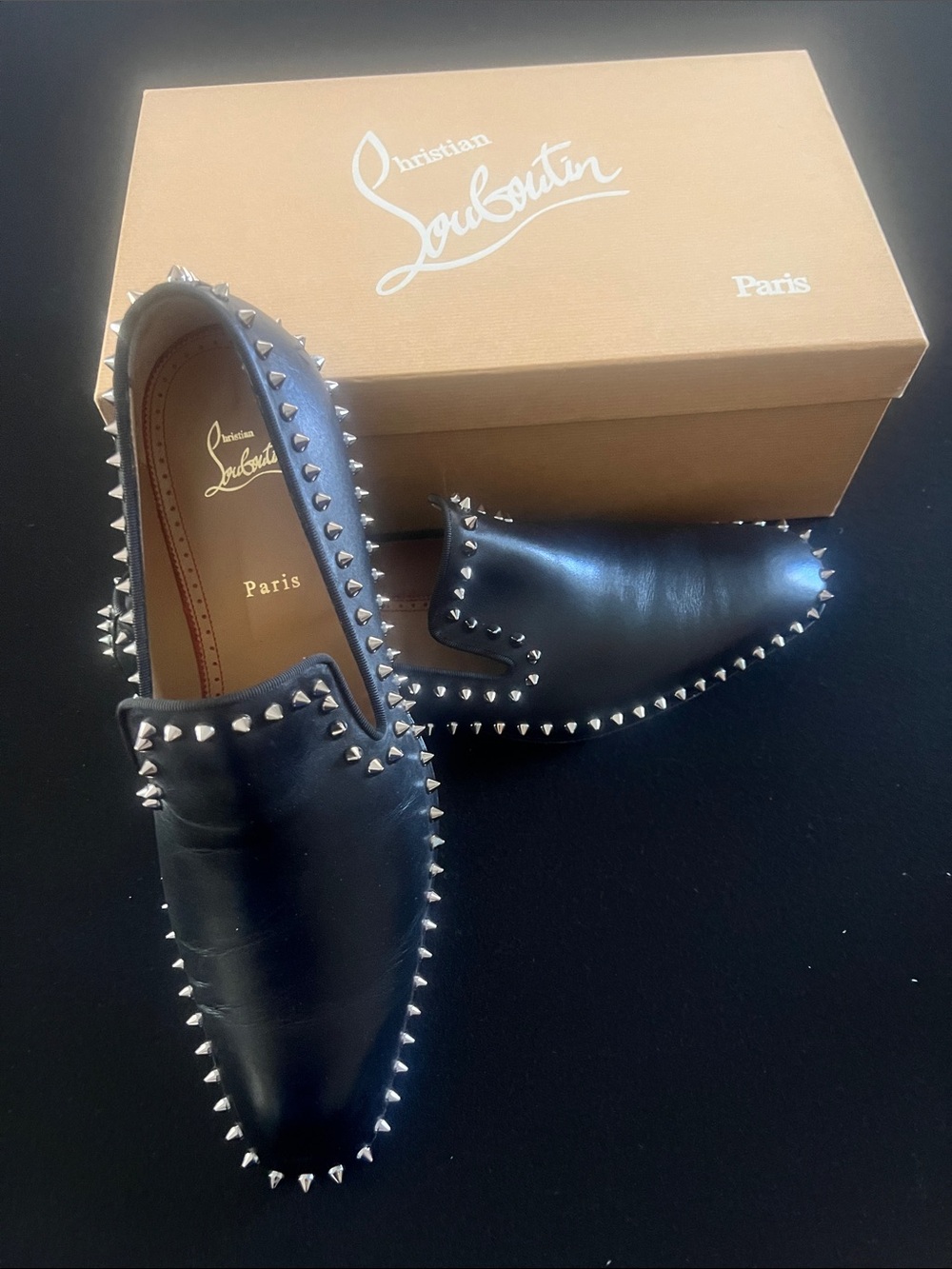 Men's Christian Louboutin Black Leather Studded Slip on loafers